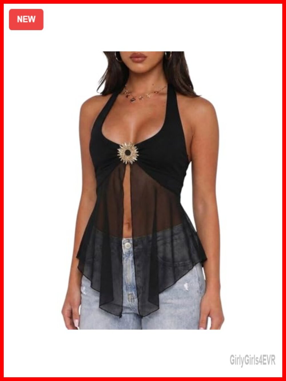 Sheer Mesh Halter Top with Sunbeam Brooch Y2K